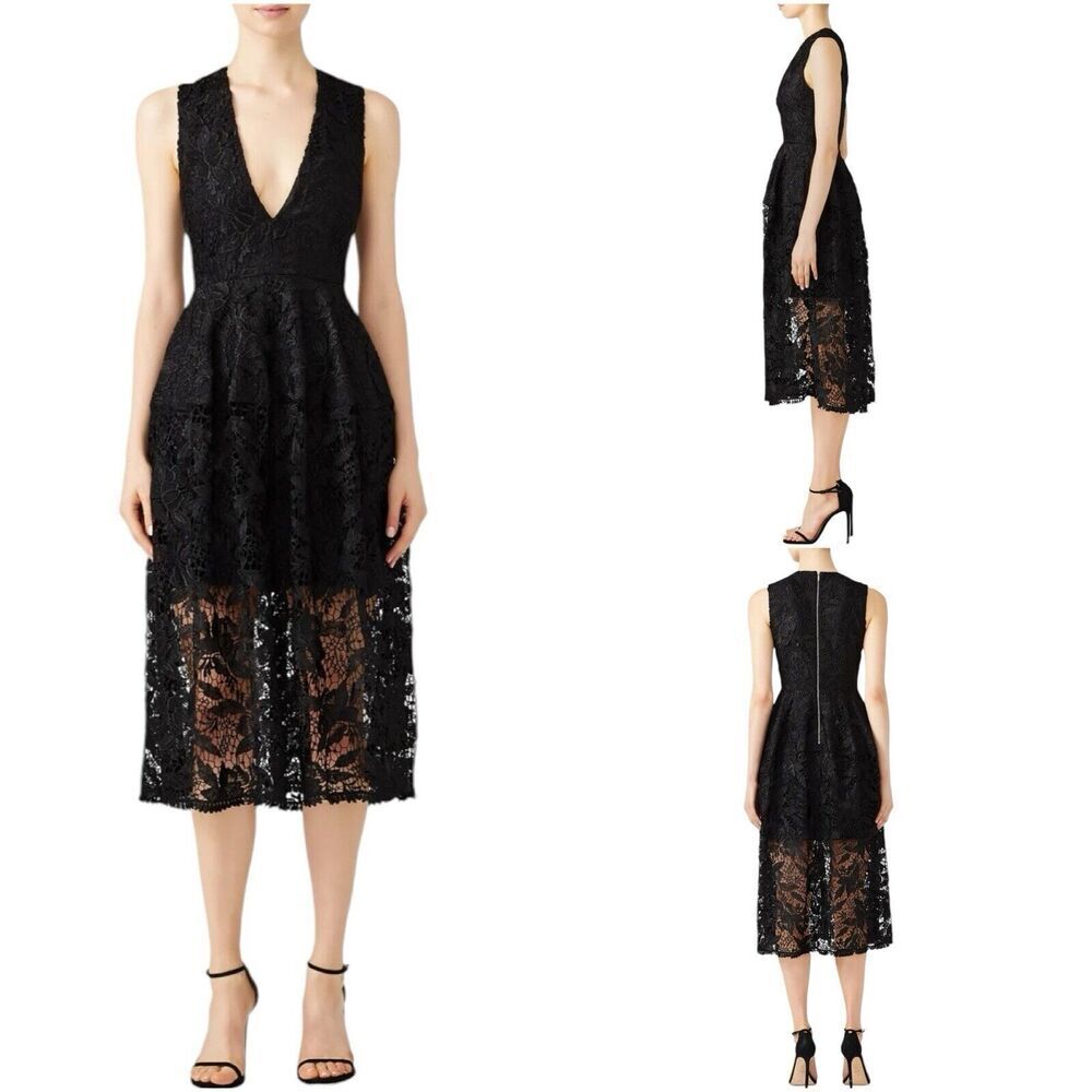 Nicholas Womens Midi Sheath Dress Black Sleeveless Plunge Neck Lace Lined LBD 6